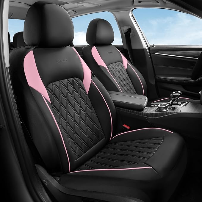 Coverado Seat Covers, Car Seat Covers Full Set, Car Seat Cover, Car Seat Covers Front Seats and Back, Waterproof Car Seat Cushion, Faux Leather Car Seat Protector Universal Fit Most Cars, Black&Pink