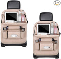 2PCS Car Backseat Organizer, Leather Multi-Pocket Seat Back Protector with Foldable Table Tray, Multifunctional Vehicle Storage Organizer Kick Mat for Kids Toddler Travel (Beige)