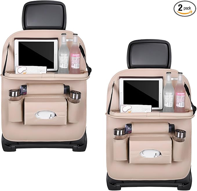 2PCS Car Backseat Organizer, Leather Multi-Pocket Seat Back Protector with Foldable Table Tray, Multifunctional Vehicle Storage Organizer Kick Mat for Kids Toddler Travel (Beige)