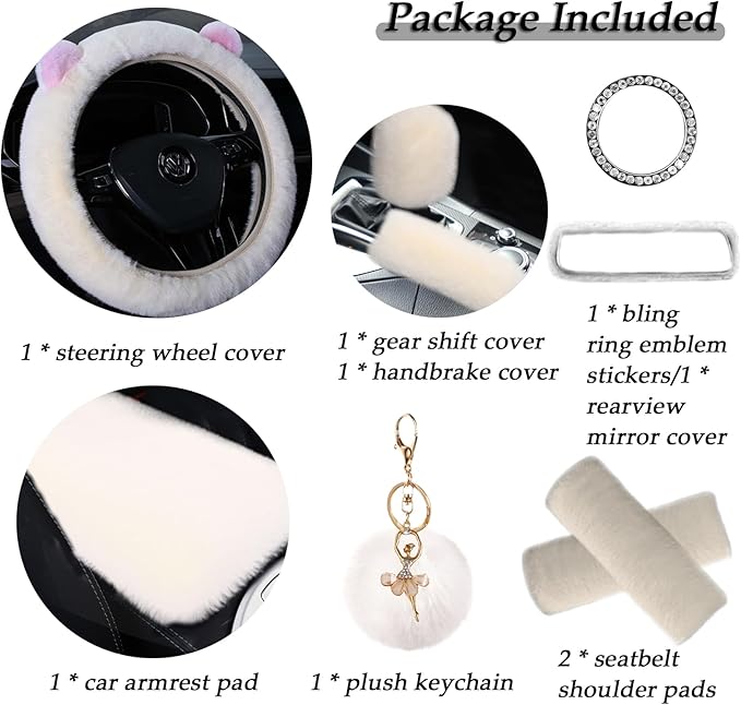 ZYNQACC 9 Pack Cute Bear Fluffy Car Accessories for Women Girls,Kawaii Fuzzy Steering Wheel Cover Universal 15 inch Plush Cute Ears （Beige）