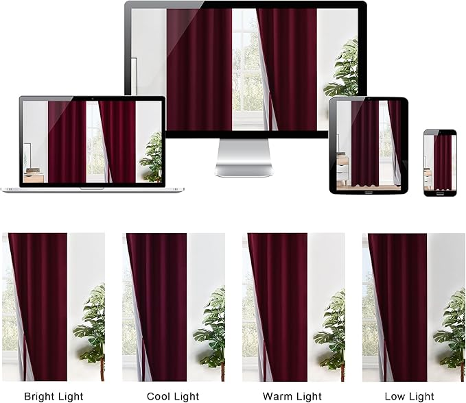 XWZO 100% Blackout Curtain Panels - Thermal Insulated Black Liner Curtains, Noise Reducing and Heat Blocking Drapes for Hall and Studio Windows with Tiebacks, Burgundy, W38 x L63, Set of 2