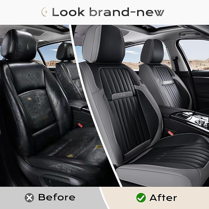Coverado Car Seat Covers Front Seats, Seat Covers for Cars, Car Seat Protector, 2-Pack Car Seat Cushion Nappa Leather, Waterproof Seat Covers Carseat Cover Universal Fit for Most Cars(Gray&Black)