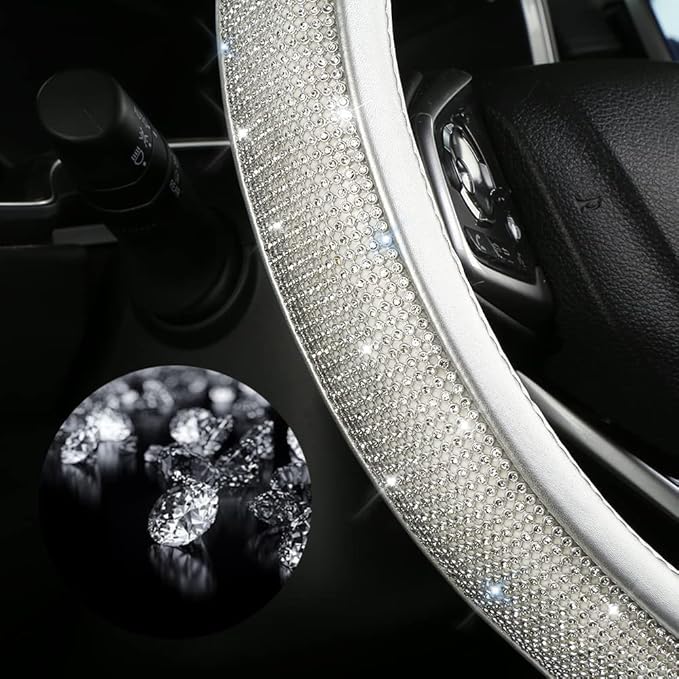 Bling Diamond Steering Wheel Cover, Leather Steering Wheel Covers for Women Girls with Crystal Rhinestones, Breathable, Anti-Slip Universal Fit 14.5-15 Inch Bling Car Accessories(Silver)