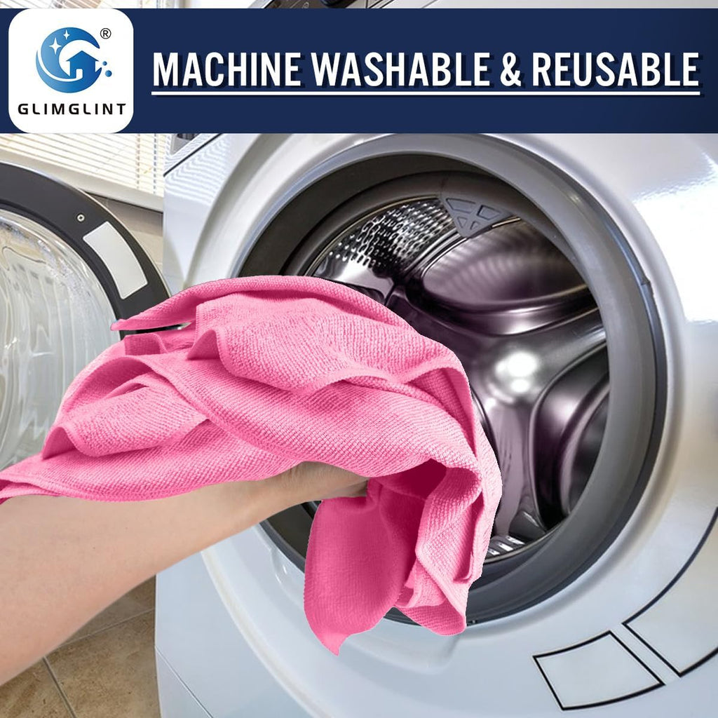 GLIMGLINT Pink Microfiber Cleaning Cloth, 12 Pack Cleaning Towels for Kitchen, Lint Free, Scratch-Free, Highly Absorbent, and Reusable Cleaning Rags for House, Window and Glass, Cars, 14"X12"