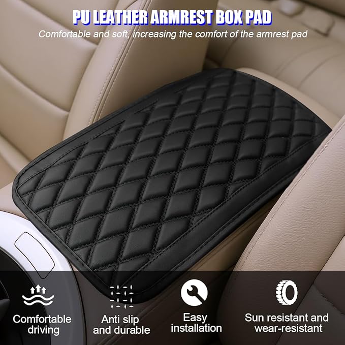 Car Center Console Cover, Scratch-Resistant Leather Vehicle Armrest Seat Storage Box Protector Cushion, Comfortable Automotive Interior Armrest Pad Mat, Universal Fit (Black)
