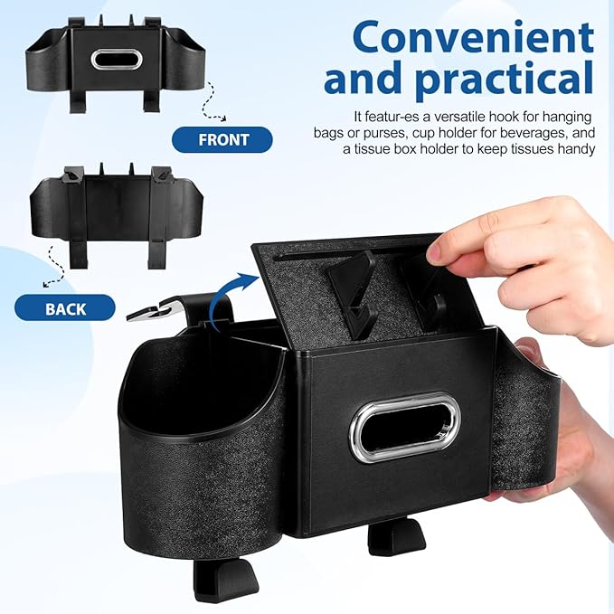 Ciieeo 4 in 1 Backseat Car Organizer with Cup Holder Tissue Box and Hooks Multifunctional Seat Back Storage Box for Road Trip Travel Accessories Universal Auto Headrest Holder