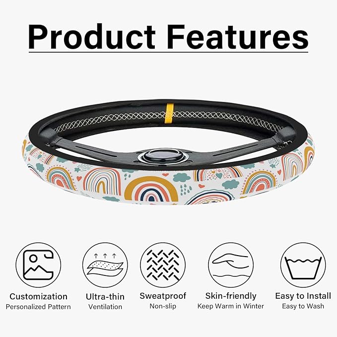 Boho Rainbow Steering Wheel Cover, Cute Print Steering Wheel Cover Protector, Ultra Thin Breathable Non-Slip, Car Accessories for Women, for Steering Wheel with a Diameter of 14.5"-15"
