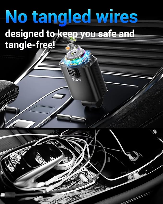 W & O Car Charger Fast Charging for iPhone，Retractable car Charger with Aromatherapy and Starlight,69W 5 in 1 Fast Charging Car Charger,Car Charger Adapter for iPhone 16 15 Pro Max, Galaxy S25（Red