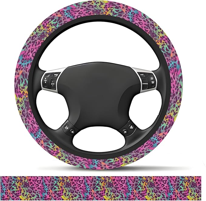 Elastic Car Steering Wheel Cover, Universal 15 inch Non-Slip Breathable Neoprene Steering Wheel Protector, Car Accessories for Women Men Fit Auto, Suvs, Truck Colorful Leopard Print