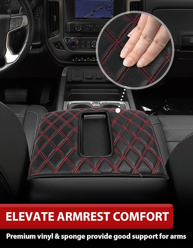 KBH Center Console Armrest Cover for Chevy Silverado & GMC Sierra 1500 2500 3500 2014-2018, Tahoe Suburban Yukon 2015-2020, Bucket Seat Console, Vinyl Leather, Black-Red Double Stitch