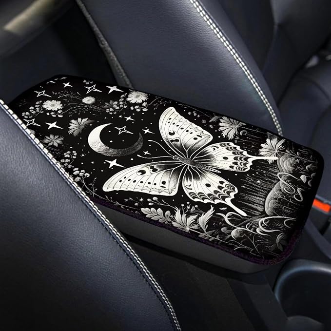 Dreaweet Goth Butterfly Center Console Cover for Car,Goth Car Accessories for Women Car Armrest Cover Pad Soft Comfortable Arm Rest Cover for Car SUV Truck Van