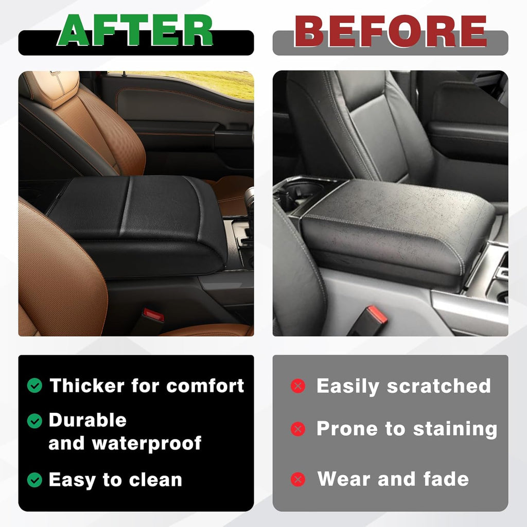 Muslogy Center Console Armrest Cover Compatible with Ford F150 2021-2024 2025 Comfort Armrest Pad Arm Rest Cushion Vegan Leather Protector 1-Inch Extra Thick(Bucket Seat ONLY)