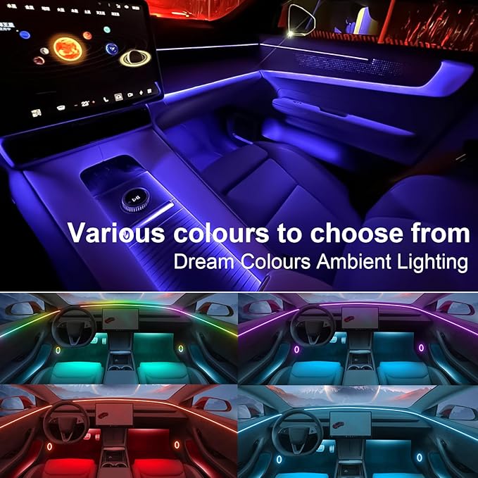 Interior Car LED Strip Lights for Tesla Model 3 Y 2021-2023, Plug-and-Play, 4 Footwell Light Ambient Light with Human Sensor, Center Console Dashboard Inside Car Lighting Decorations