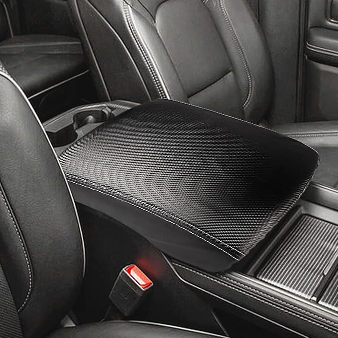 INTGET Car Center Console Armrest Cover for 2022 2023 Dodge Ram 1500 2500 3500 Accessories 2019 2020 2021 Arm Rest Box Lid Protector Pad Cushion Dog Seat Cover (Black with Carbon Fiber Texture)