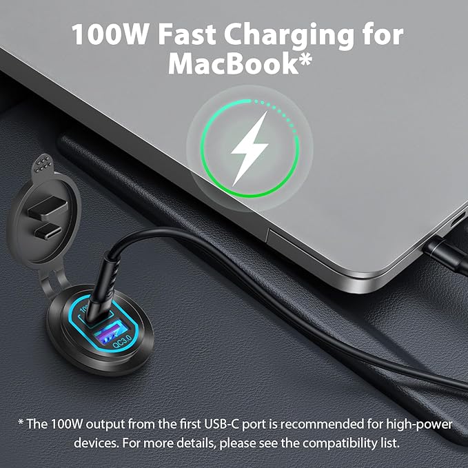 2 Pack 12V USB C Outlet PD 100W Car USB Port for Laptop and QC3.0 18W Car Charger Socket Aluminum Alloy, Fast Charging Cigarette Lighter Replacement DIY Accessary for RV MarineTruck Boat Golf
