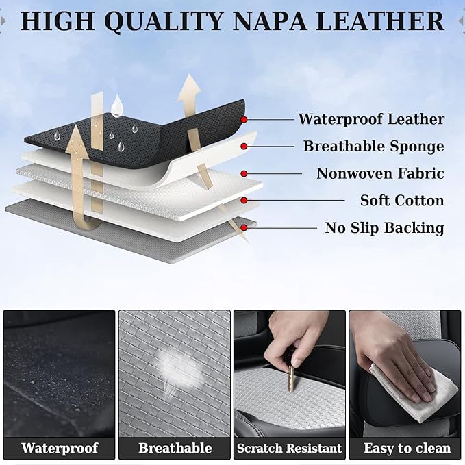 Coverado Seat Covers, Car Seat Covers Front Seats, Waterproof Nappa Leather Auto Seat Cover with Lumbar Head Pillow, Black Gray Seat Covers Carseat Cover Universal Fit for Most Cars