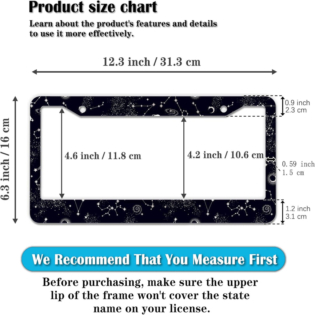 License Plate Frames Black and White License Plate Holder Galaxy Moon and Stars Starry Sky Planets Aluminum Metal Car Accessory 2 Pack with Screw Covers Set