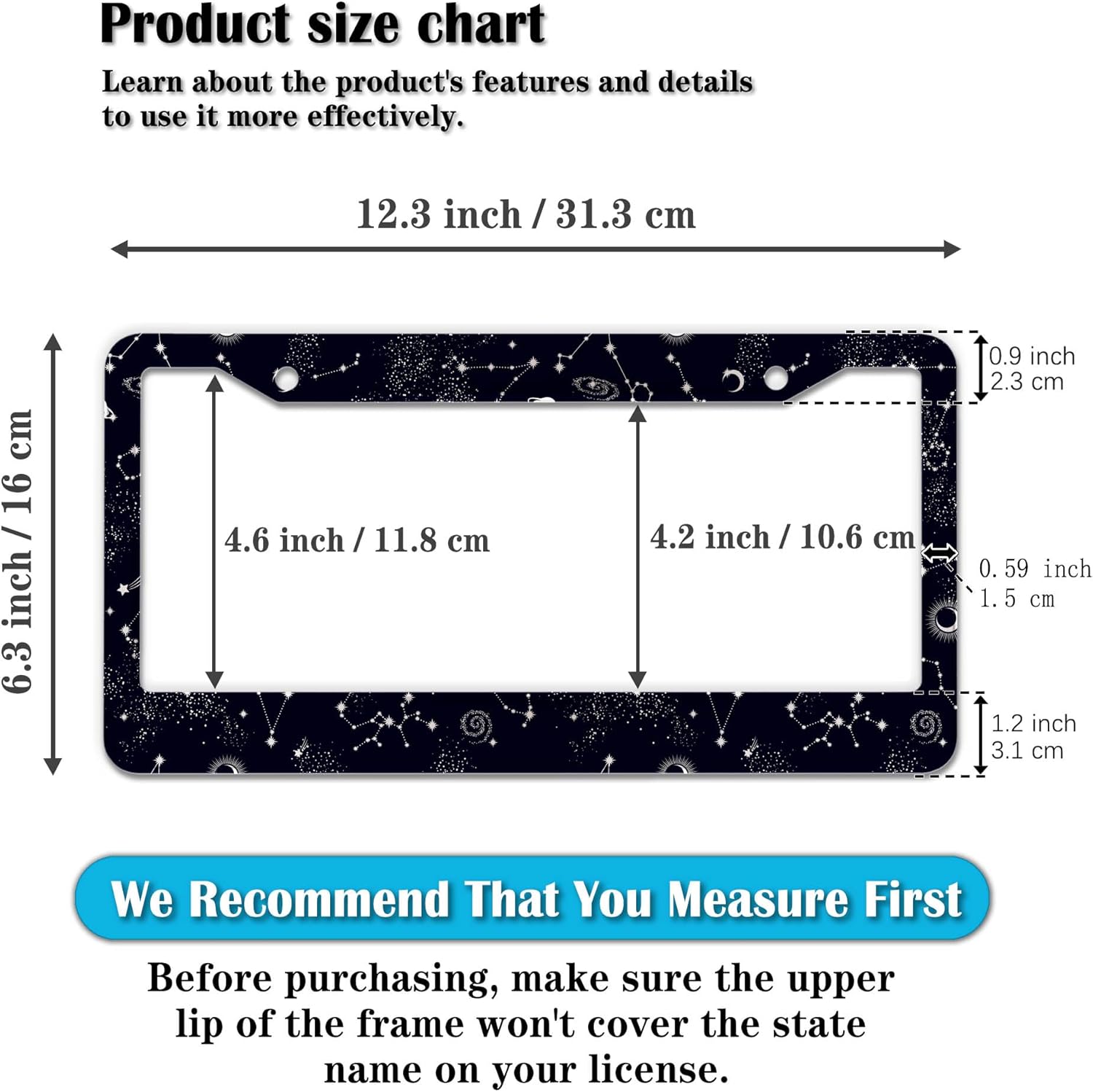 License Plate Frames Black and White License Plate Holder Galaxy Moon and Stars Starry Sky Planets Aluminum Metal Car Accessory 2 Pack with Screw Covers Set