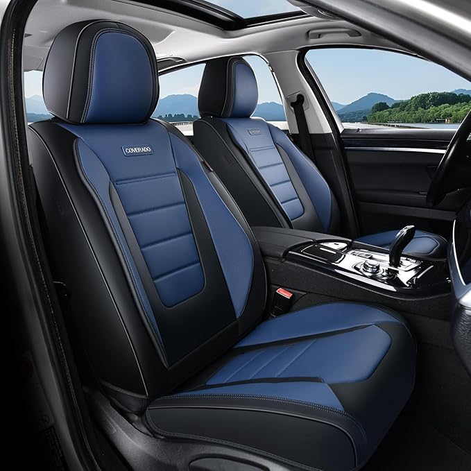 Coverado Car Seat Covers Front, Seat Covers for Cars, Waterproof 2-Pack Car Seat Cushions, Leather Carseat Seat Protectors, Universal Seat Covers Fit for Most Sedans SUV Pick-up Trucks(Black&Blue)