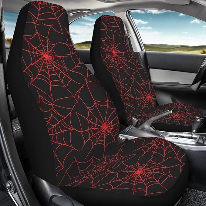 KEIAHUAN Red Spider Web Halloween Car Seat Covers Front and Rear Bench Seat Cushion Cover Universal Fits for Car, SUV, Sedan, Truck