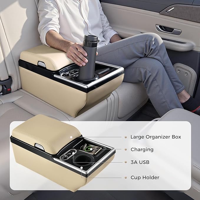 Coverado Universal Car Center Console with Wireless Charging & Cup Holder, Back Seat Organizers, Rear Bench Seat Central Armrest Box with Storage, for Most Vehicles, Easy Install, Beige