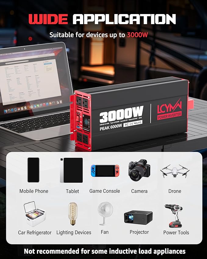 3000 Watts Power Inverter DC 12V to AC 110V/120V 6000W Peak Inverters with 4 AC Outlets Type-C PD30W/QC3.0 18W USB Fast Charging Port with LCD Display for Vehicles Home RV Car Solar Off-Grid Converter