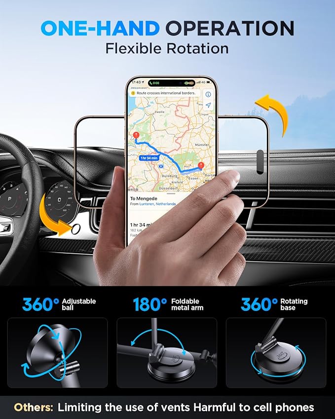 Tophot for MagSafe Car Mount, Car Phone Holder for Dashboard, 360° Rotatable Magnetic Phone Holder for Cars, Strong Adhesive, Sturdy Metal Mount, Compatible with iPhone Samsung