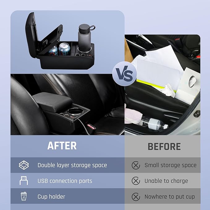 YJYWZH Car Armrest Box Fit for Ford Fiesta 3 2011-2019 MK7 Accessories Center Console Cup Holder Double Layer Storage Organizer Box with 2 USB Fast Charging Ports, Black Stitches