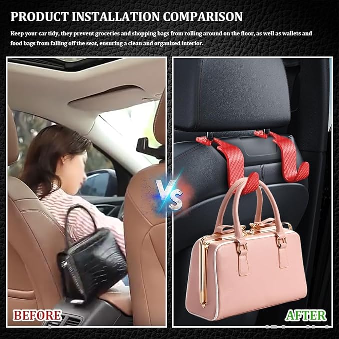 4PCS Car Seat Headrest Hook, Plastic Auto Back Seat Hanger Hooks, Multi-Functional Stylish Seat Hooks, Universal Car Interior Headrest Hanger Storage Accessories for Purse Coats Handbag (Red)