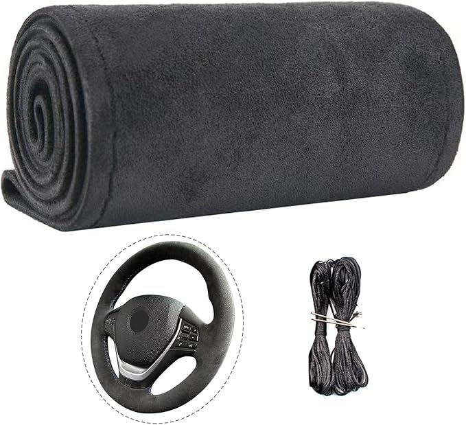 Suede Leather Steering Wheel Cover Wrap Kit - DIY Stitch-On for 14.5-15" Wheels, Superior Sweat Absorption & Non-Slip Grip, Comfortable & Durable Year-Round Upgrade