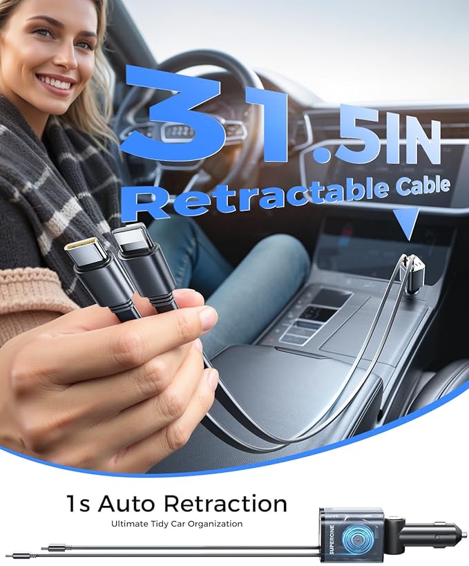 Upgraded SUPERONE Retractable Car Charger, [Ultra-Compact] 6-Port Car Charger USB C, iPhone Car Chargers Fast Charging with USB C & Apple Cable, RV Power Adapter for iPhone 17/16/15/14/13/12