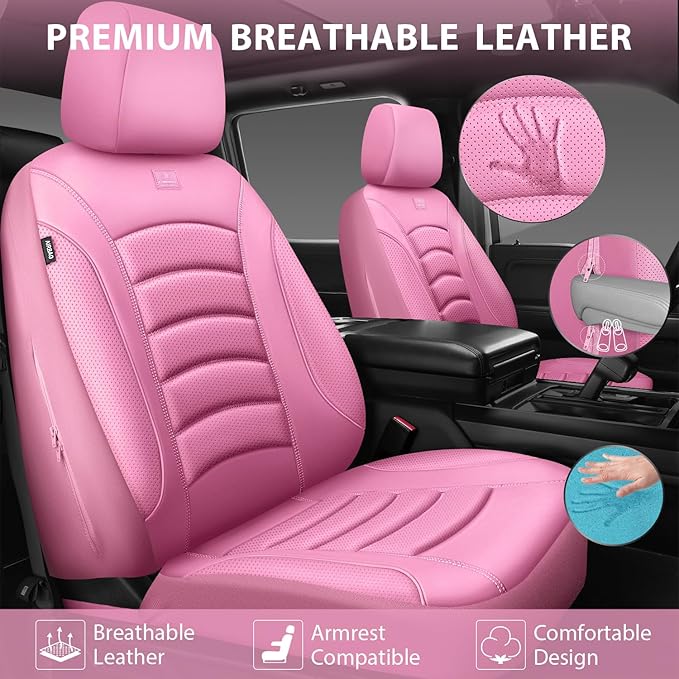 CAR PASS 3D Foam PU Leather Pink Car Seat Covers, Universal Seat Covers Front 2 for Trucks SUV Sedan Automotive Seat Covers Armrest Airbag Compatible Waterproof Comfortable Faux Nappa Leather All Pink