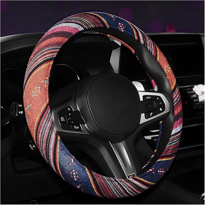 Boho Steering Wheel Cover, 15 Inch Coarse Flax Cloth Ethnic Style Anti-Slip Car Wheel Wrap, Universal Breathable Bohemian Steering Wheel Protector for Cars Vans Trucks (C)