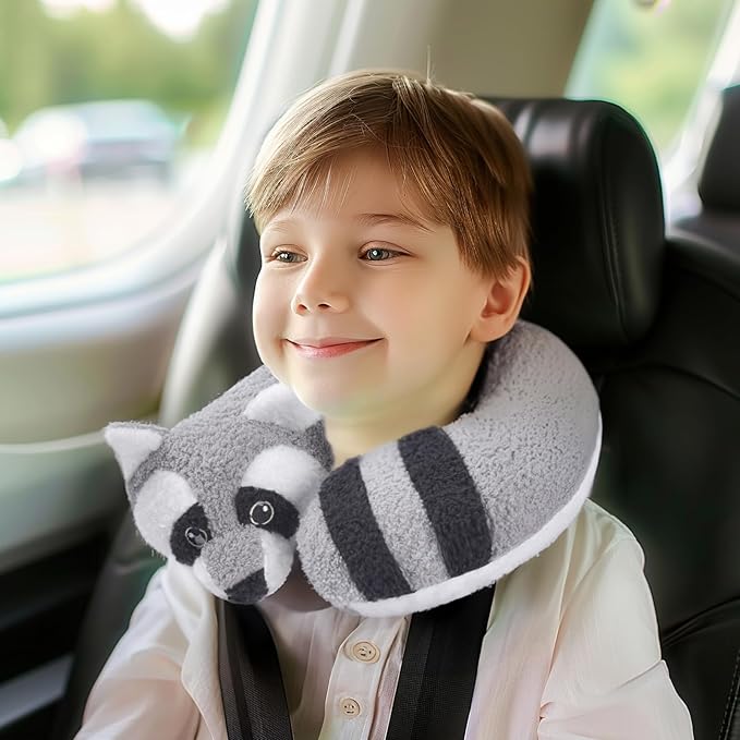 H HOMEWINS Travel Pillow for Kids,Cute Animal Neck Pillow for Boys Girls,Soft Neck Head Chin Support Pillow,Travel Accessories for Airplane, Car, Train,Recline(Raccoon)