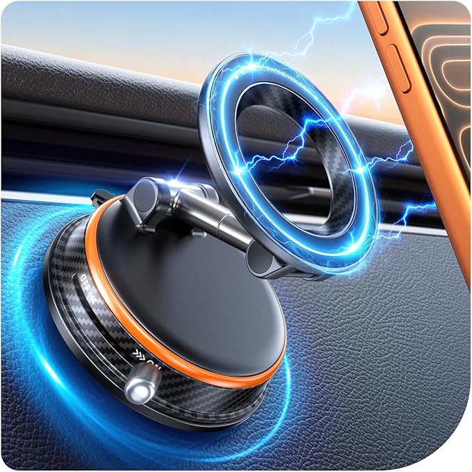 Upgraded Car Phone Holder for Magsafe [98+LBS Strongest Suction & 2400gf Magnetic] Vacuum Magnetic Phone Holders for Your Car 360° Adjustable Car Phone Mount for iPhone & Android Orange