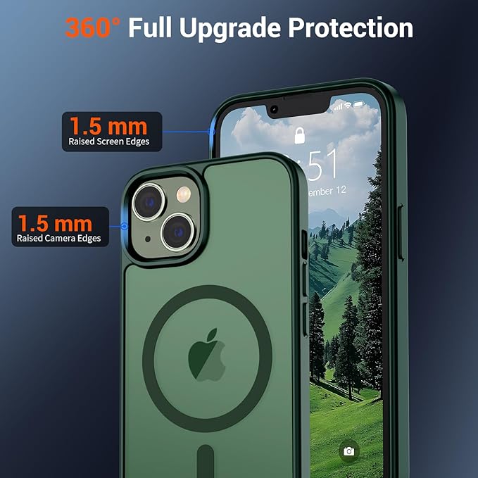 SUPFINE Magnetic for iPhone 15 Plus Case & iPhone 14 Plus Case(Compatible with MagSafe)(Military Grade Drop Protection) Slim Translucent Shockproof with Anti-Fingerprint Phone Case,Forest Green
