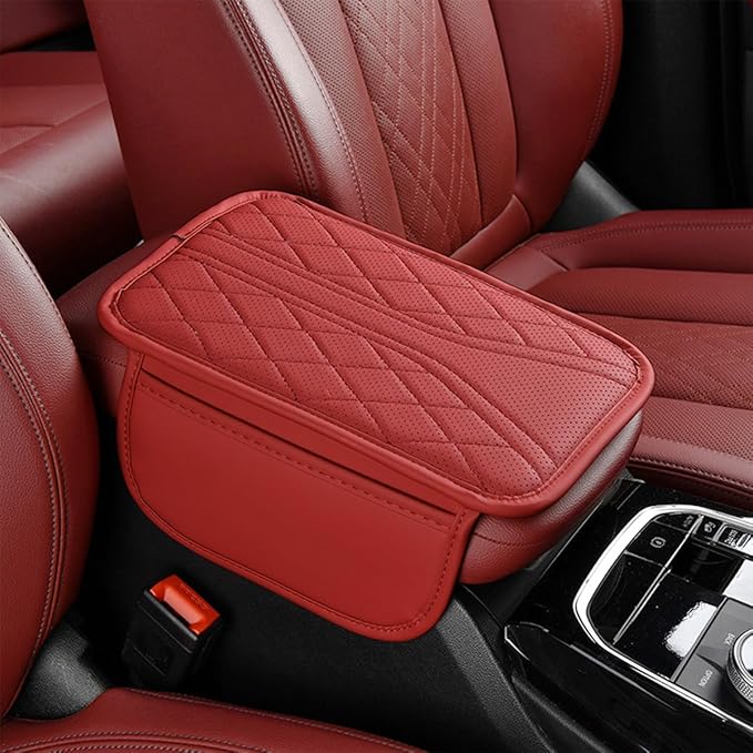 Car Center Console Cover, Leather Vehicle Armrest Box Pad with 2 Storage Bags, Automotive Interior Arm Rest Cushion Protector Accessories, Universal for SUV Sedan Truck (Wine Red)