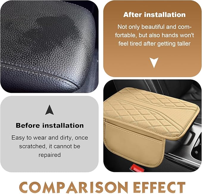Car Center Console Cover, Leather Automotive Armrest Cushion with 2 Storage Bags, Breathable Armrest Cover, Universal Waterproof Arm Rest Protection Pad for SUV, Sedan, Truck (Beige)