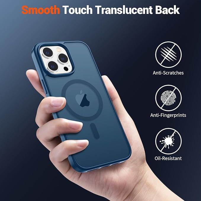 SUPFINE Magnetic for iPhone 14 Pro Max Case with Screen Protector (Compatible with MagSafe) (Military Grade Drop Protection) Translucent Matte Shockproof with Anti-Fingerprint Phone Case,Deep Blue