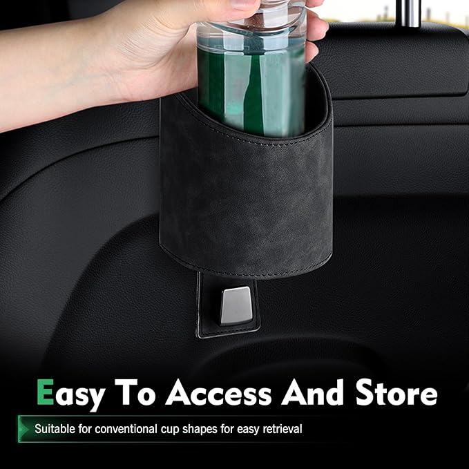Car Headrest Cup Holder Organizer, Faux Leather Suede 2-in-1 Backseat Drink Holder with Hooks, Stable Spill-Resistant Storage for Drinks Bottles Bags, Universal Auto Interior Accessory (Black)