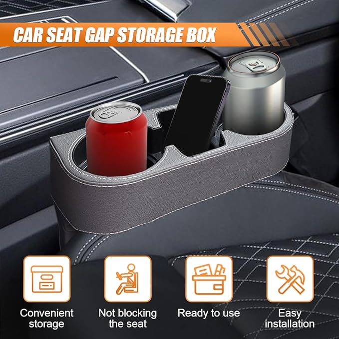 Car Cup Holder, PU Leather Car Seat Gap Filler Organizer Cup Drink Holder, Multifunctional Coin Bucket Cell Mobile Phone Holders, Auto Front Console Storage Box for Most Cars (Gray)