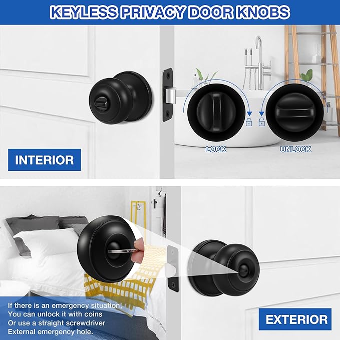 Plustool 5 Pack Matte Black Door Knobs, Privacy Door Knob with Lock, Interior Doorknobs with Round Ball, Keyless Door Lockset for Bedrooms Bathrooms