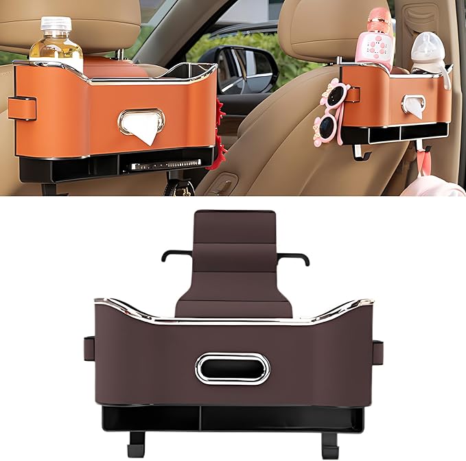 Multifunctional Car Seat Back Storage Box, Universal Car Seat Organizer, Car Seat Tissue Box and Organizer, Car Seat Paper Towel Organizer， Car Organizer with 2 Drink Cup Holders (Brown)