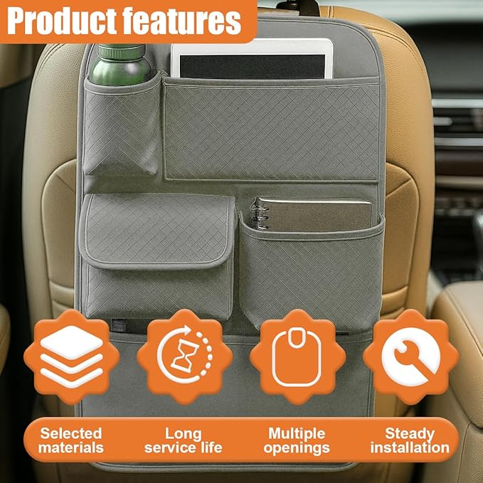 Car Backseat Organizer, Leather Auto Seat Back Kick Mats Protector, Multi-Pocket Car Rear Seat Hanging Storage Bag with Tissue Holder, Travel Accessories for Most Cars SUV Truck(Gray)