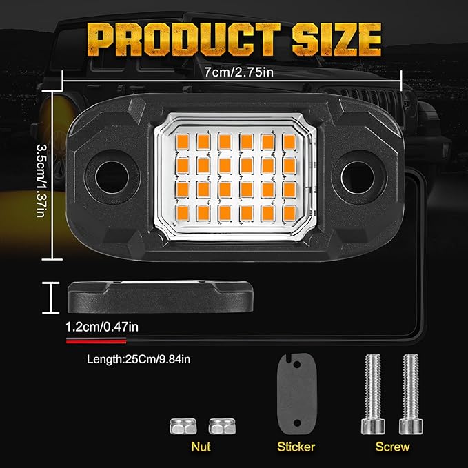 6Pods Yellow Rock Lights 24 LEDs Chips Neon Trail Rig Lamp Underglow LED Lighting Systems for Cars Trucks SUV ATV UTV