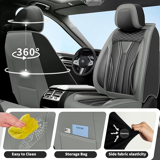 Fit Murano Car Seat Covers Compatible with Nissan Murano 2004-2025 2026 - Premium Leather， Waterproof Breathable， All-Weather Seat Cushion Protecto&Airbag Compatible (2 Front Seat Gray&Black)