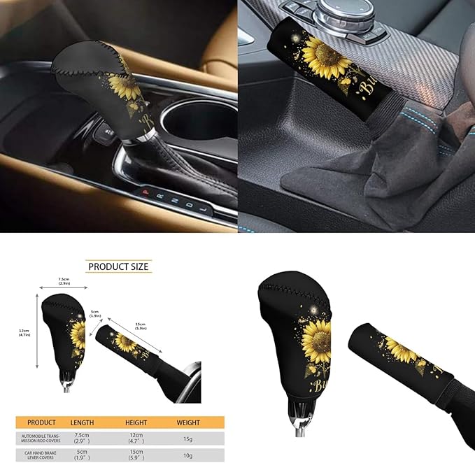Butterfly & Sunflower Print Car Accessories for Women 6 Pcs Steering Wheel Cover Handbrake Gear Cover Cup Coaster Armrest Cover Auto Accessories for Men Women