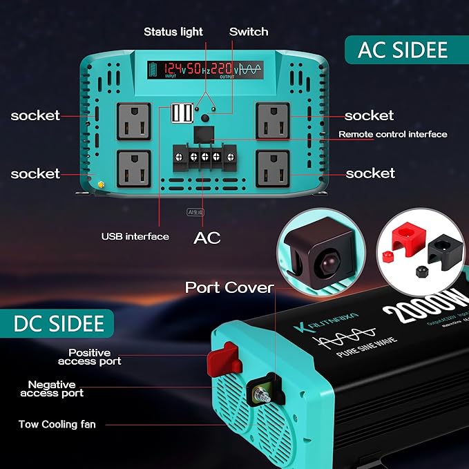 4000W Pure Sine Wave Inverter Peak 8000w 12V DC to 120V AC for RV, Truck, Off-Grid, Home, Solar Car Power Inverter with Dual AC Hardwire Port, 20A Socket, 5V 2.1A USB