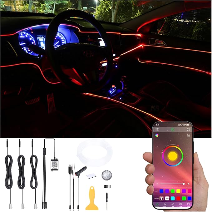 Car Ambient Lighting Kit 64 Colors Multicoloured Music Optic Fiber APP Control Car DIY Decorative Atmosphere Lighting DC 12V 1W 4m