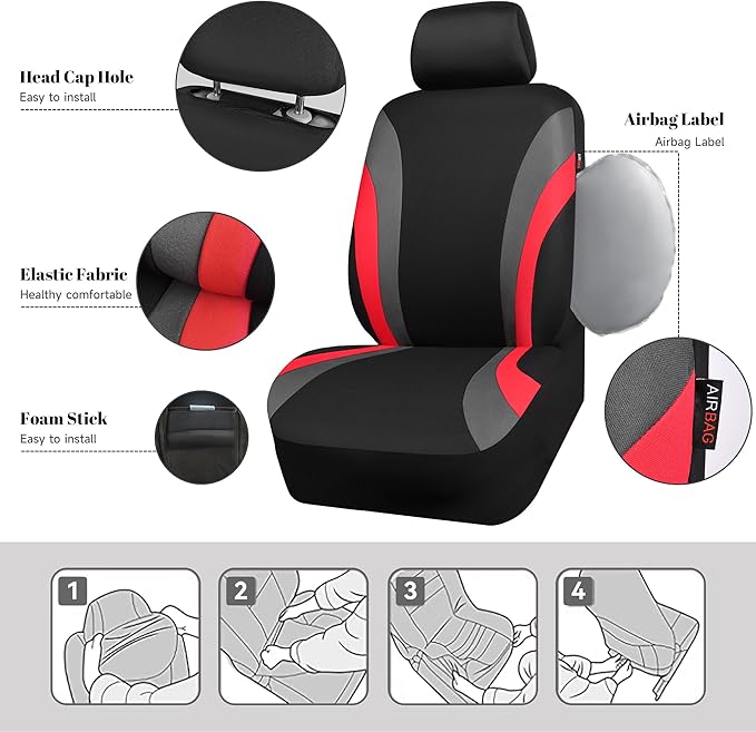 CAR PASS Line Rider Sporty Front Seat Covers,Red Car Seat Covers Two Front Seats Only, Airbag Compatible,Universal Fit Sedans,Cars,Vans,SUV,Truck(Black and Red)